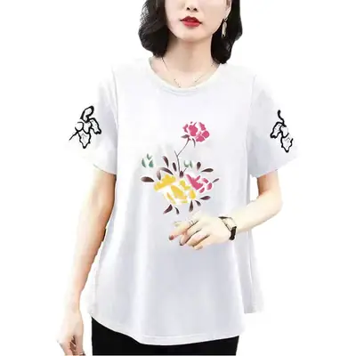 Cotton Floral Short Sleeve Women T-Shirt Yellow