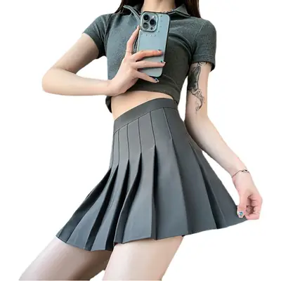 Women Pleated Skirt Grey High Waist Slimming Suit
