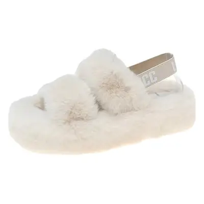 Women's Black Furry Slippers Large with Back Strap