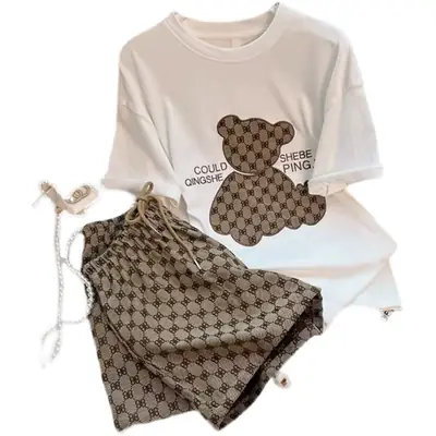 Women Bear Print Top Shorts Set Summer 2025