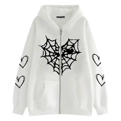 Women Grey Spider Web Hoodie with Heart Print