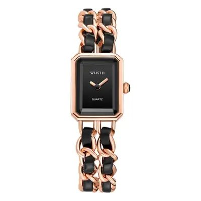 Women's Black Gold Square Quartz Watch with Woven Band