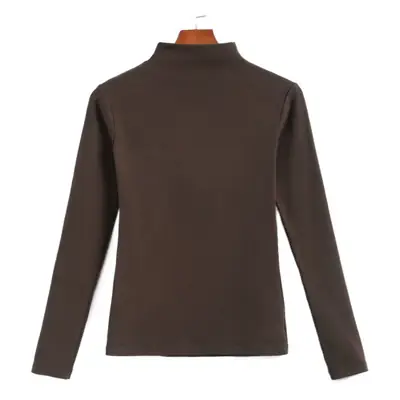 Women Brown Turtleneck Long Sleeve T-Shirt Mid Collar