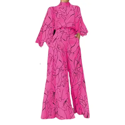 2022 Summer Printed Jumpsuit Waisted Lace-Up Long Sleeve Neck Trousers Set