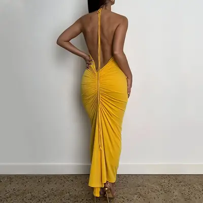 Green Slim Backless Lace-Up Dress for Women
