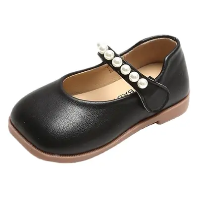 Girls Pearl Leather Mary's Shoes Black with Velcro