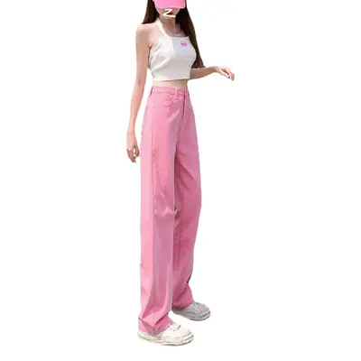 Women Pink Wide Leg Jeans Summer Loose Large Slimming Trousers