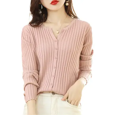 Women's New Knitted Cardigan Short Coat Round Neck Long Sleeve Solid Color