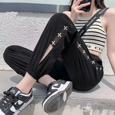 Women Ice Silk Harem Pants Black Slime Style