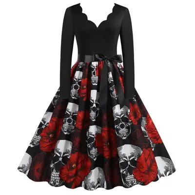 Real Shot Spot 20.21 million Holy Festival New Skull Printed V-Neck Burned Flower Long Sleeve Large Swing Dress
