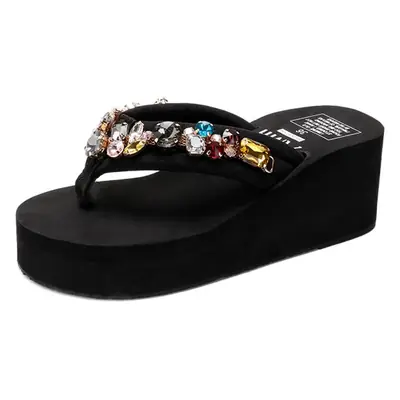 High-Heeled Thick-Soled Fashionable Rhinestone Sandals for Women, New Summer Style for Outdoor Wear, Beach Vacation, Beach Shoes, Flip-Flops