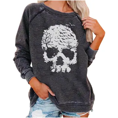 Women Halloween Skull Sweatshirt Dark Grey
