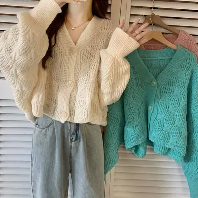 Women Pink Knitted V-Neck Cardigan Coat 2023