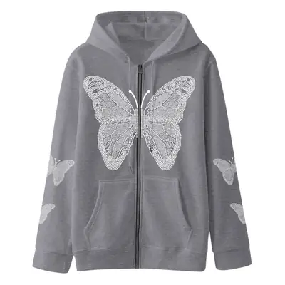 Women Butterfly Print Grey Zipper Hoodie