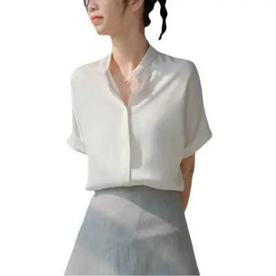 Light Apricot Acetic Satin Women's Collar Shirt 2023