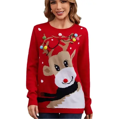 Red Deer Print Cross-Border Christmas Pullover Sweater