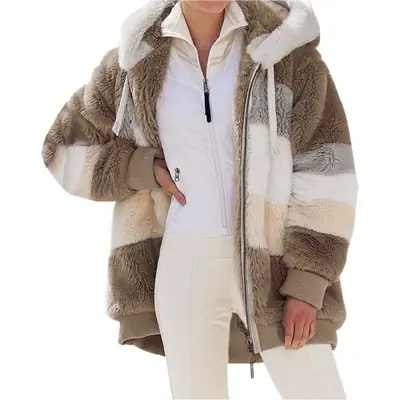 Women Cross-Body Hooded Coat Blue Patchwork Warm 2023