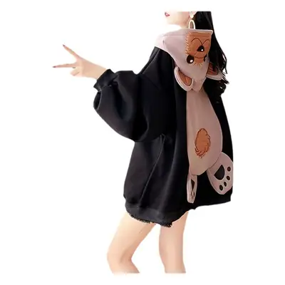 Women Korean Style Fleece Bear Hooded Jacket Green