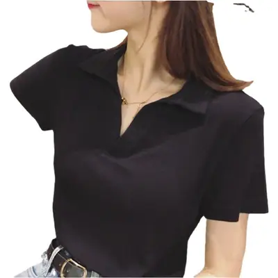 Women Black Polo Shirt Short Sleeve Slim Fit