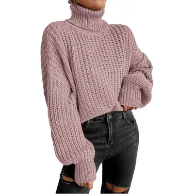 Women Red Knitted Turtleneck Sweater Long Sleeve