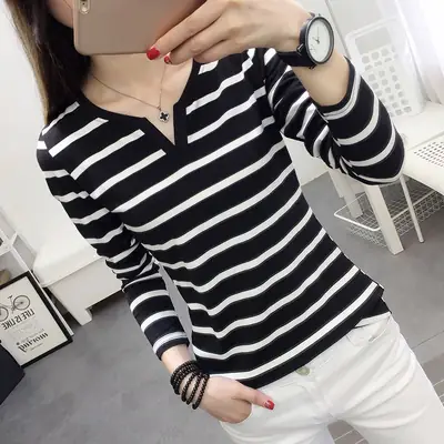 2025 Striped V-Neck Long Sleeve T-Shirt Black White