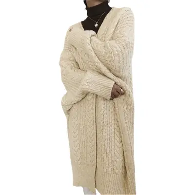 Women Knitted Cardigan Long Sweater Coat Grey Vintage