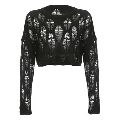 Black Mesh Navel-Baring Sweater Top for Women