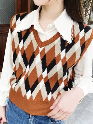 Women Jacquard Knitted V-Neck Vest Orange White