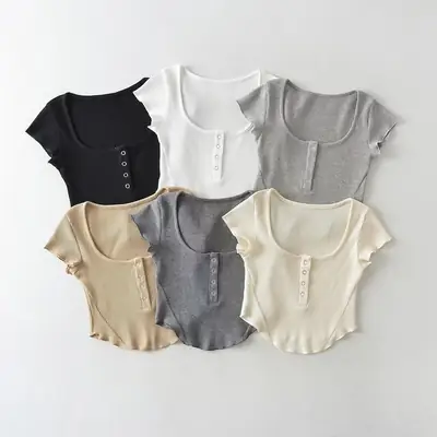 Gray Waffle Ear T-Shirt with Hidden Buckle & Elastic Bottom