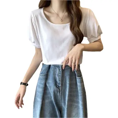 Women Puff Sleeve T-Shirt Summer 2025 Low Round Neck Slim Fit
