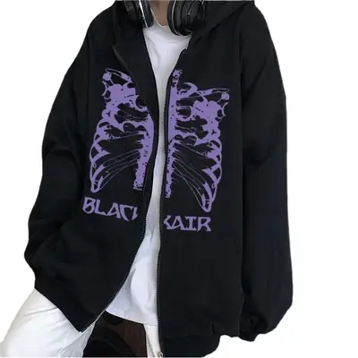 Black Zip Hoodie with Purple Butterfly Graphic