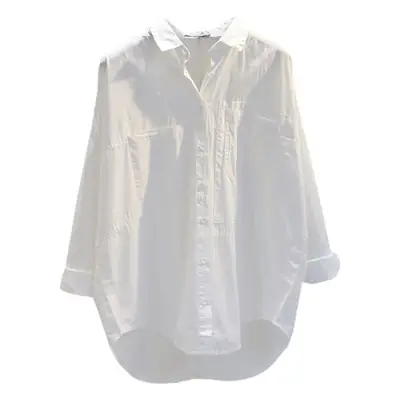 White Korean Style Women's Long Back Shirt with Double Pocket