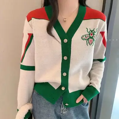 Women V-neck Knitted Cardigan Green Red 2023