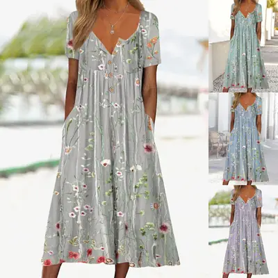 2023 Floral Button Mid-Length Summer Dress for Women
