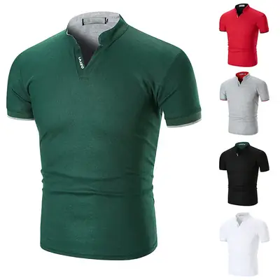 Men Green Cuff Striped Polo Shirt with Stand Collar