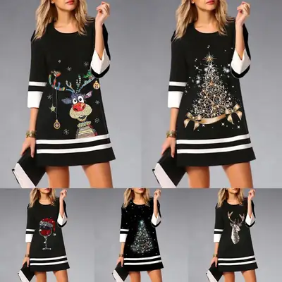 Women's 2023 Christmas Printed Mini Dress 3/4 Sleeve