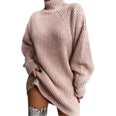 Women's Pink Knit Half-Turtleneck Sweater with Raglan Sleeve