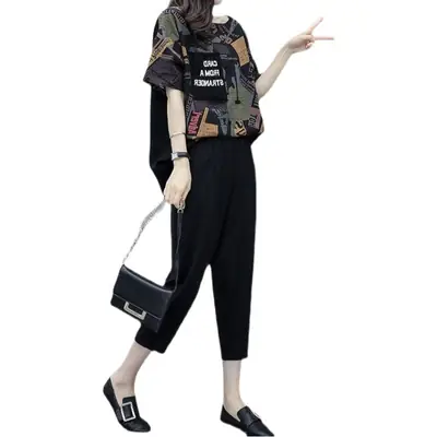 Cross-border Women Short Sleeve Cropped Pants Set Black
