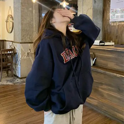 Women Fleece Hoodie Navy Loose Long Sleeve Winter Casual