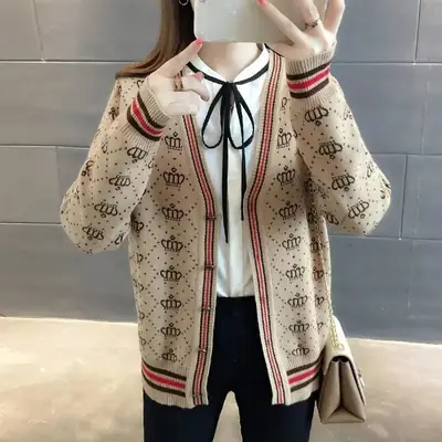 Women's Knitted Short Sweater Coat White Red Stripes 2023