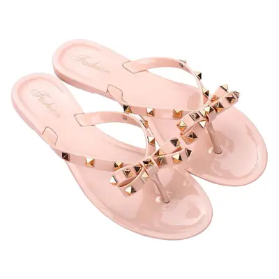 European and American New Style Rivet Bow Transparent Flip-Flops for Summer Outings, Versatile Jelly Sandals for Women