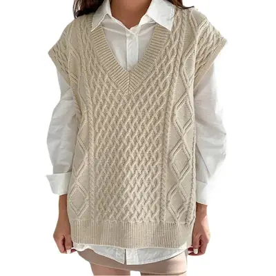 Women's White Cable Knit V-Neck Sweater Vest