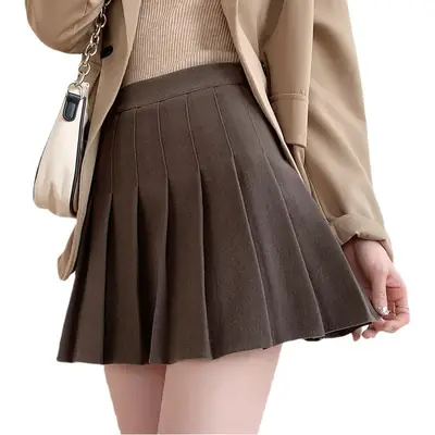 Black Woolen Pleated Skirt for Women High Waist