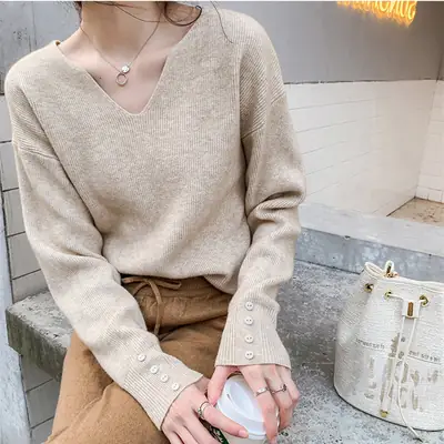 Women V-Neck Lazy Knit Sweater Cream Long Sleeve