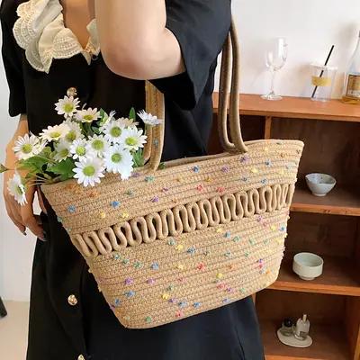 Women's Straw Bucket Bag with Colorful Stars & White Handle