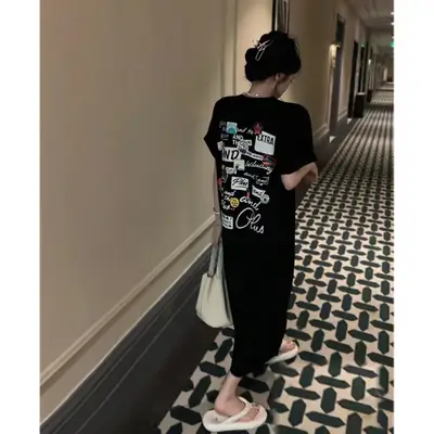Women Korean Style Printed T-Shirt Dress White 2022