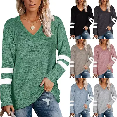 Women Long Sleeve V-Neck T-Shirt Grey White Stripes