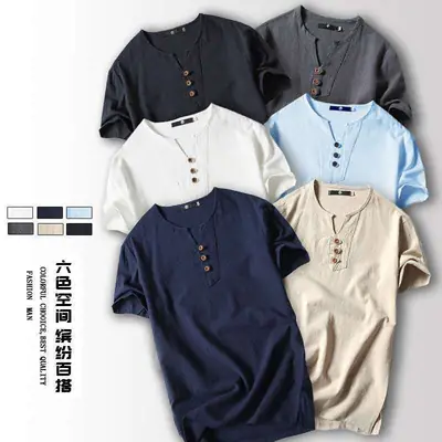 2022 Japanese Linen Men's Navy Blue T-Shirt with Button Front