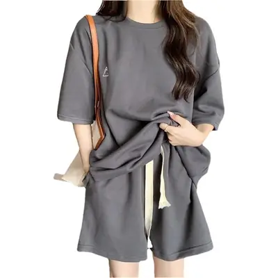 Women Grey T-Shirt Shorts Set Large Summer Wear