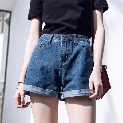 Women Denim Shorts High Waist Wide Leg Curled Black